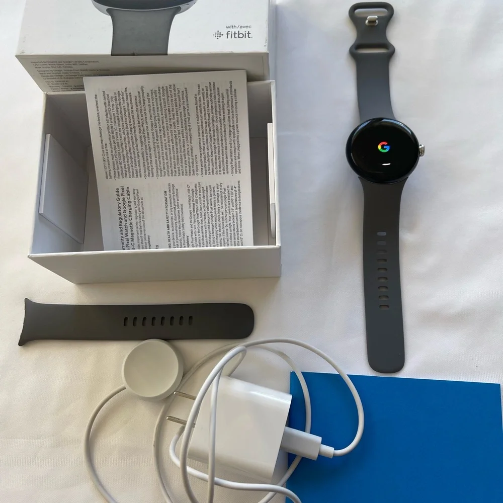 Android Google Pixel Watch Wifi Fitbit with Large and Small Charcoal Bands EUC